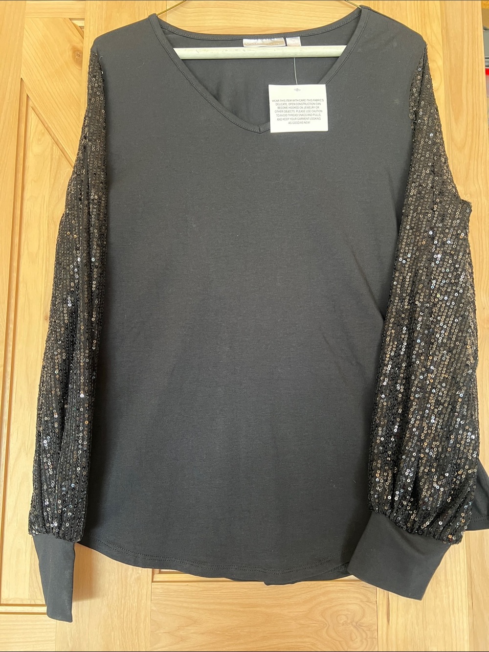 Belle by Kim Gravel Black V-Neck Top with Sequin Long Sleeves